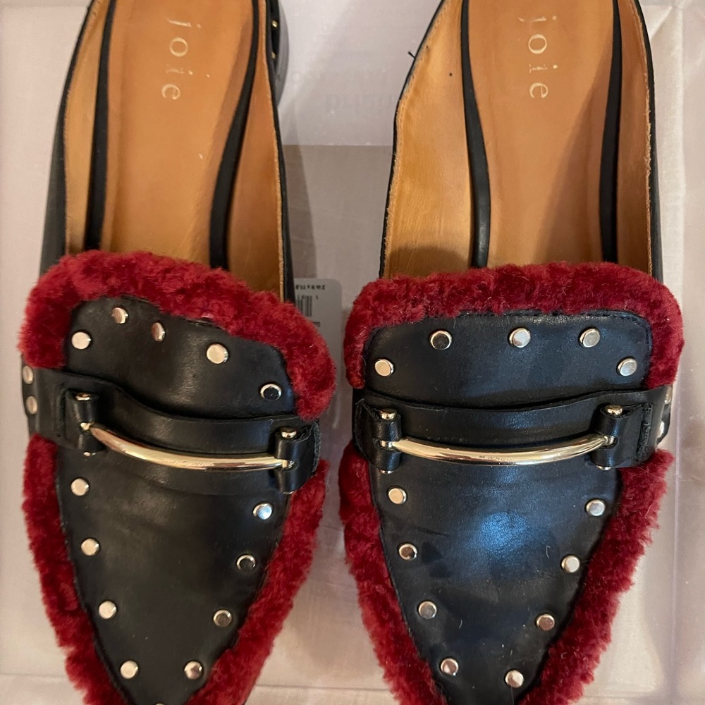 Joie Black and Red Mules with Studded Shearling Trim